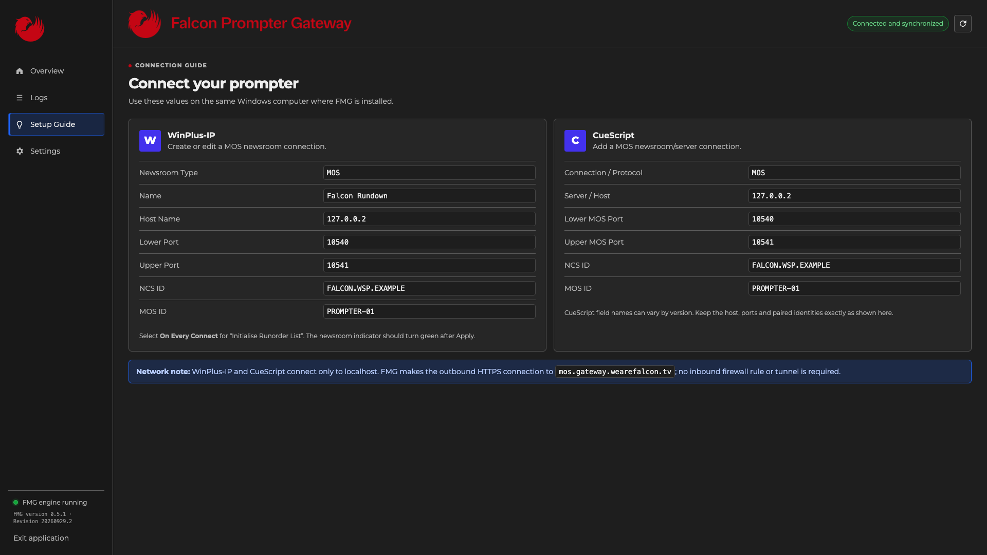 Falcon Prompter Gateway Setup Guide with WinPlus-IP and CueScript MOS values