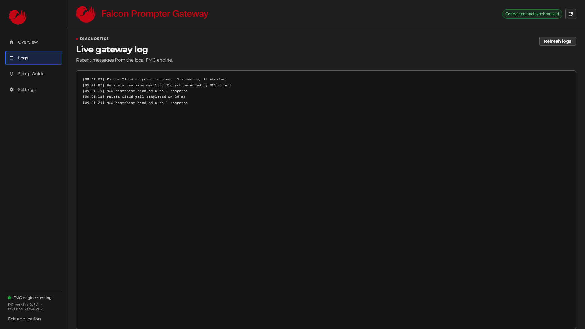 Falcon Prompter Gateway live log screen