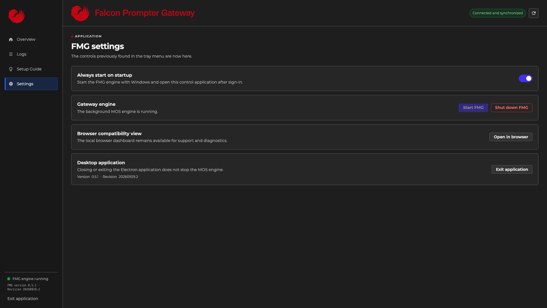Falcon Prompter Gateway Settings screen