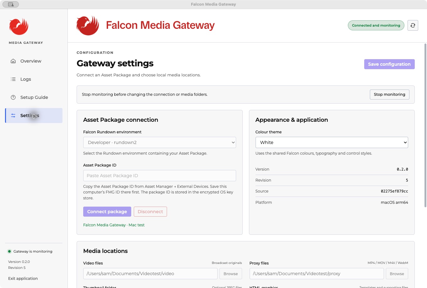 Gateway Settings with Falcon Rundown environment, empty Asset Package ID field, Connect package and version and revision information