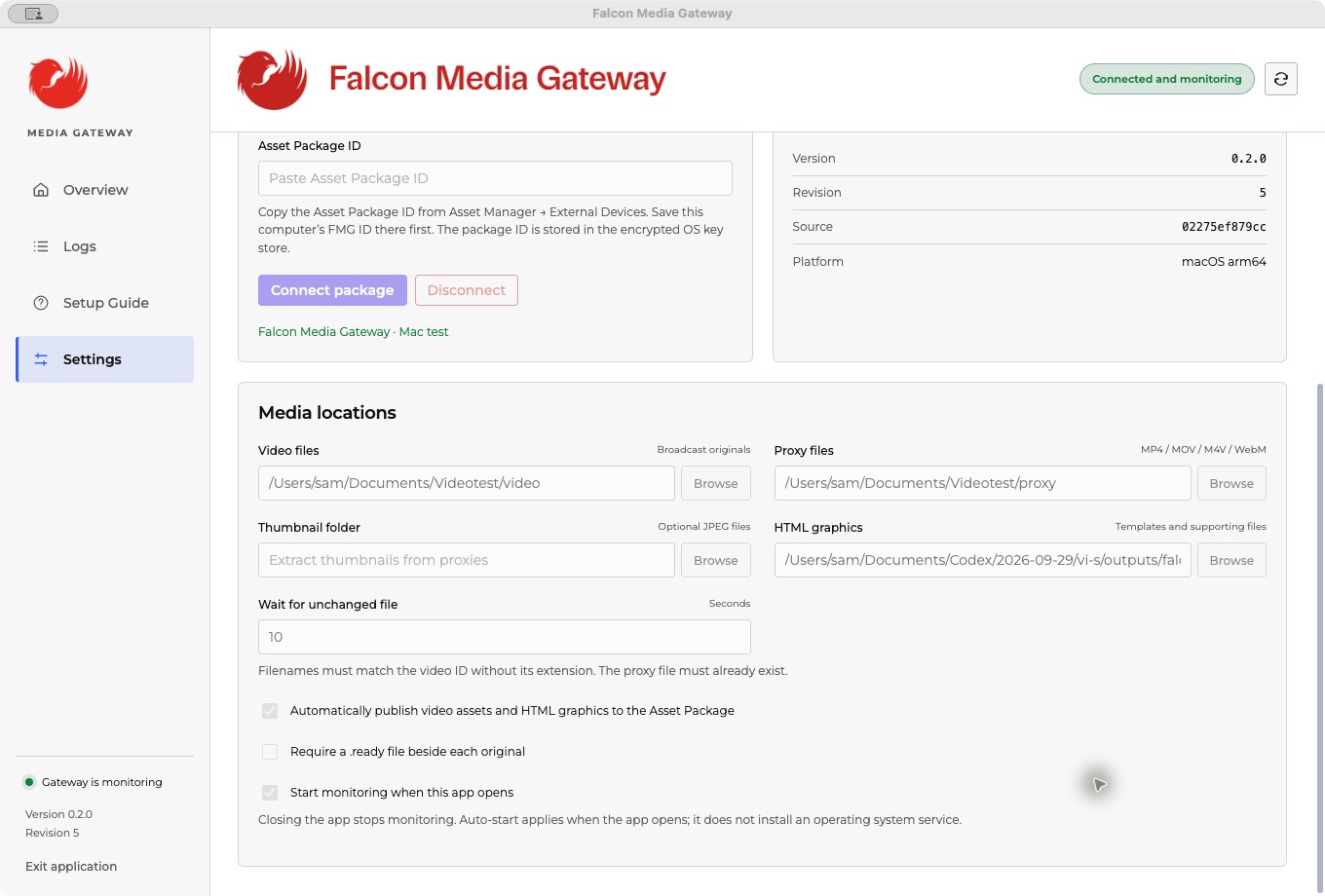 Media locations settings with separate video, proxy, thumbnail and HTML graphics folders, stability interval and publishing options