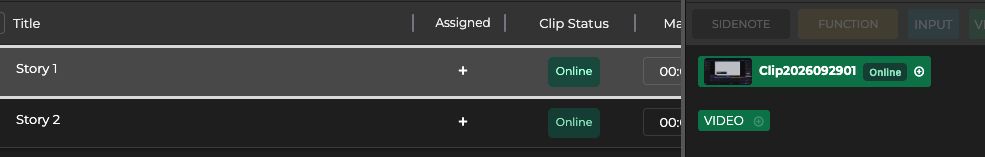 Rundown Clip Status column beside a video tag with thumbnail and Online status